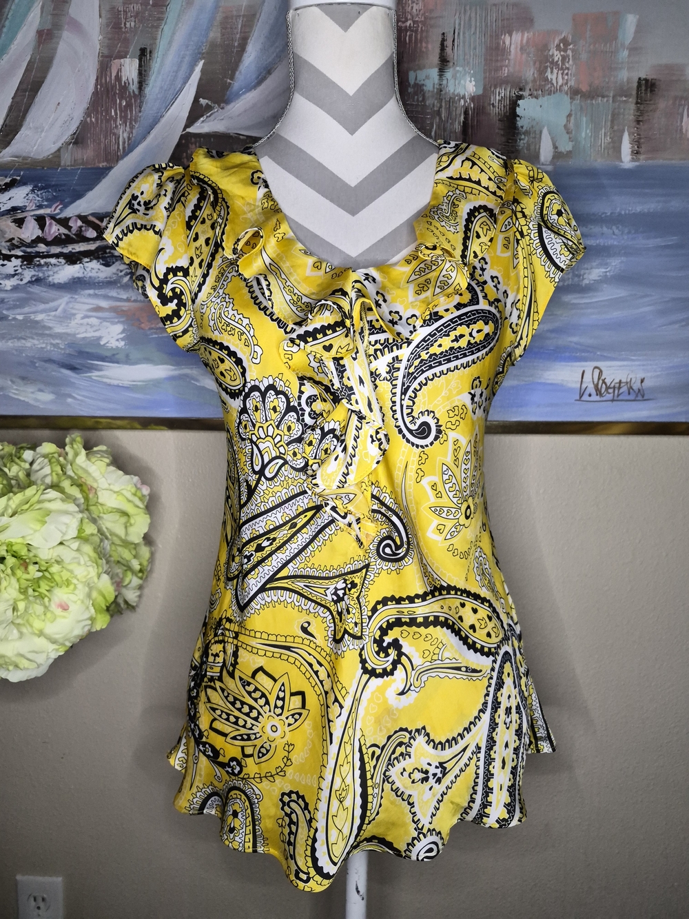 Sunny Leigh Yellow Paisley Ruffle-Sleeve Blouse